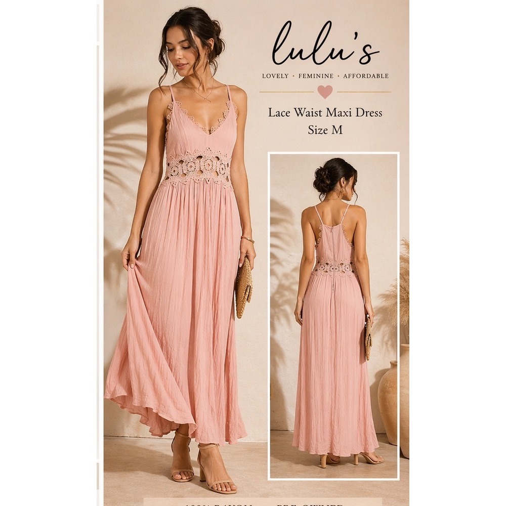 Lulus Lace Waist Maxi Dress Blush Pink Mauve Boho Crochet Cutout Size M 70352